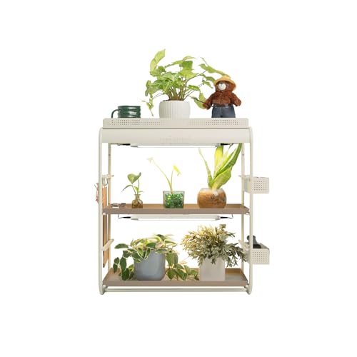 Vego garden Tabletop Metal Corner Plant Stand Indoor with Grow Light, Full Spectrum LED Grow Light 2 Tier