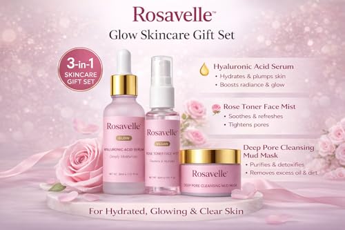 Rosavelle Vegan Skincare Kit For Women | Hyaluronic Face Serum Rose Toner Mist Collagen Mud Mask Combo | Hydrating Brightening Deep Pore Cleansing Glow Skin Care Set for Clear Smooth Radiant Skin