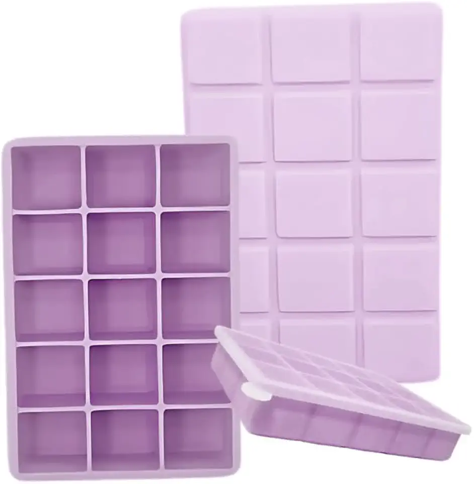SYMEON Forma de Gelo Silicone Com Tampa Livre de BPA Flexivel 15 Cubos de 27ml Cada Prática Resistente e Reutilizável Forma Para Papinha Gelatina Frutas (FORMAGELO-LILAS)