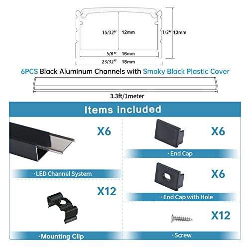 Muzata 6Pack 3.3Ft/1M Black Led Channel System U Shape With Smoky Black Cover 18X13Mm Wide Aluminum Profile Track For Waterproof Led Strip Lights, U103 1M Bb, Lp1 Lu2 #TOP1
