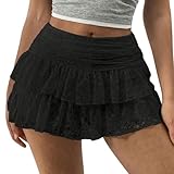 Lshyuehao Women's Floral Lace Mini Skirts Y2k Low Rise Layered Ruffled Hem Pleated A Line Short Skirt Fairycore Skirt Streetwear (A-Black, S)