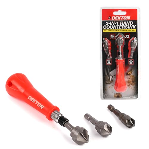Dekton Lot de 3 fraises coniques manuelles 3 en 1 | Complet avec poignée | Angle de fraisage à 45 degrés | Utilisé dans une perceuse manuelle ou une perceuse à main | Idéal pour le bois, le métal et
