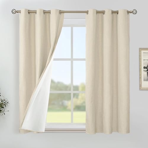 Image of YoungsTex Natural Linen 100% Blackout Curtains 45 Inch Length, Short Thermal Insulated Black Out Drapes with Grommet Privacy Room Darkening for Bedroom Window, 2 Panels, 42 X 45 Inch