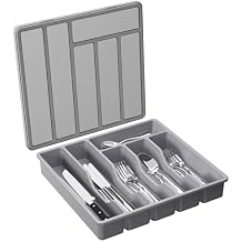 Lifewit Silverware Organizer with Lid, Covered Utensil Tray for Kitchen Drawer and Countertop, Plastic Cutlery and Flatware Storage Box for Spoons Forks Knives Holder Case, 12.6x11.8", Gray
