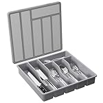 Lifewit Silverware Organizer with Lid, Covered Utensil Tray for Kitchen Drawer and Countertop, Plastic Cutlery and Flatware Storage Box for Spoons Forks Knives Holder Case, 12.6x11.8", Gray