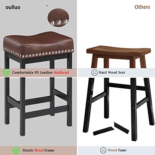 Oulluo Brown Bar Stools Set Of 2, 24 In Counter Height Kitchen Stools,Leather Saddle Stools For Kitchen Counter, Industrial Backless Barstools With Nailhead For Island, Dining,Pub, Black Metal,918Br #TOP5