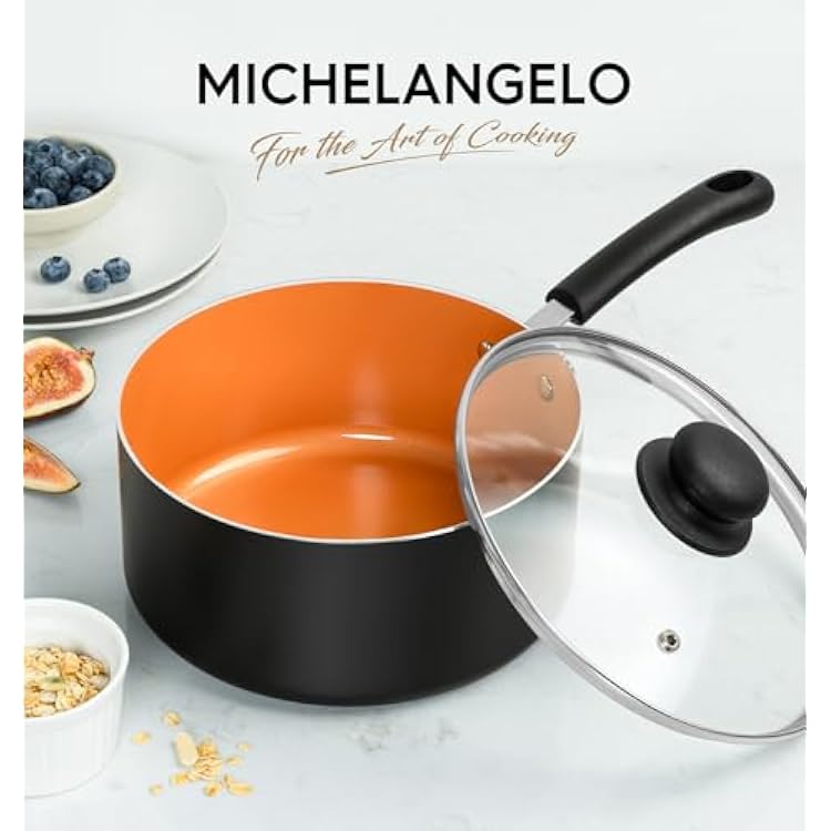 MICHELANGELO Nonstick Sauce Pan With Lid, 3QT Ceramic Saucepan, Copper Saucepans, PFAS-FREE Pot, Small Pots For Cooking, Multipurpose Cooking Pots For Home Kitchen, Dishwasher Safe