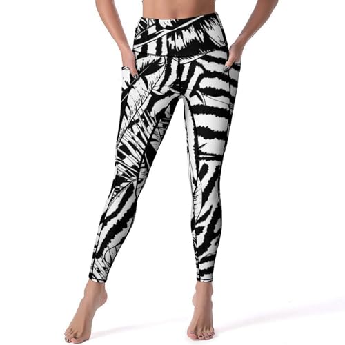 Legging de sport taille haute gainant imprimé feuilles noir et blanc fitness S