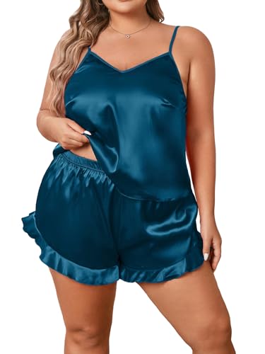 Image of SOLY HUX Women's Plus Size Silk Satin Pajama Set Cami Top and Ruffle Hem Shorts Lounge Sleepwear Pure Teal Blue 2XL
