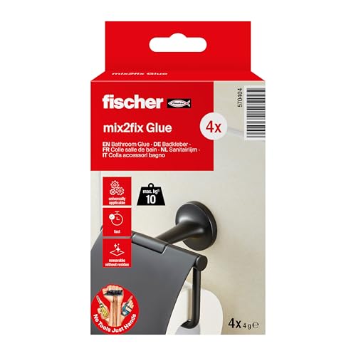 fischer Badkleber im 4er Pack, Klebstoff zur Anbringung von Badaccessoires, wasserbeständig, für Bad & Küche, Befestigung ohne Bohren, zuverlässiger Halt, 4 x 4 g