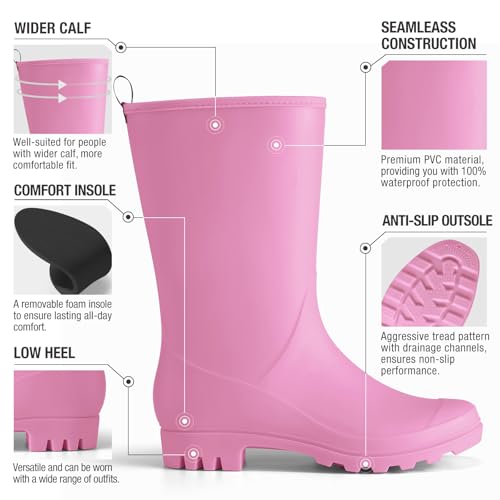 Image of HISEA Women Rubber Boots Wide Calf Rain Boots Matte Surface Waterproof PVC Rubber Rain Boot Mid Height Rain Shoes for Outdoor Gardening Work Walking