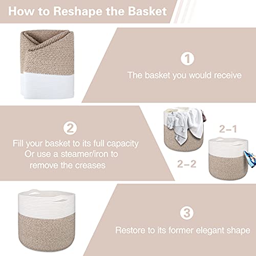 سويت ميمو سلة تخزين كبيرة مقاس 40 × 35 سم، سلال بطانيات، سلال من الحبال القطنية لغرفة المعيشة، سلة الغسيل، سلة العاب، سلال تخزين دائرية مزخرفة لتنظيم البطانيات - ابيض وبني