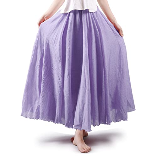 Women's Bohemian Style Elastic Waist Band Cotton Linen Long Maxi Skirt Dress (95CM, Violet)