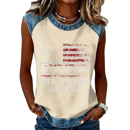 HHOSGPP USA 250th Anniversary Shirt | Women's 250 Years of Freedom Distressed Denim Trim America Flag Patriotic Sleeveless Blouse 1776-2026 Graphic Tee Shirt(12-Beige,XL)