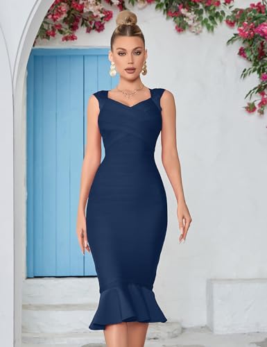 Shoulder Strap Sleeveless Fishtail Midi Bandage Dress for Women Bodycon Club Party Evening Wedding Guest Dresses (XS, Navy-1) by Madam Uniq - Used condition - Image 14