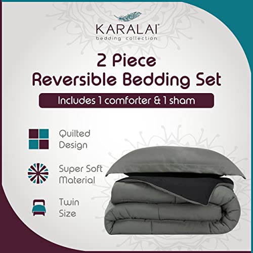 2 Pc Super Soft Black/Grey Reversible Comforter Twin Bed Set Down Alternative Twin Size Bedding Set With 1 Reversible Sham #TOP1