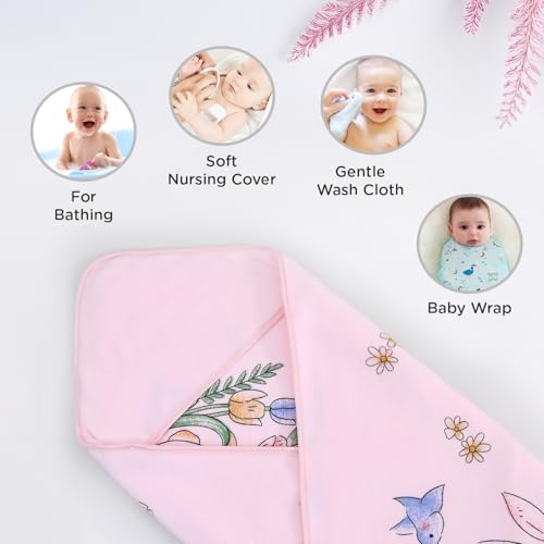 Image of Mee Mee Hooded Baby Bath Towel for New Born | Wash Cloth, Quick Absorbent, Can be Used for Baby Swaddling, Extra Soft Cotton Towels for Kids /Toddlers /Infants /Babies, Pack of 1, (Pink Flowers) 80X80 CM