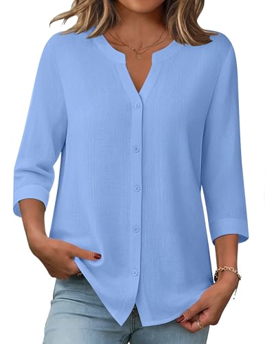Zeagoo Women's Cotton Tops Summer Linen V Neck Three Quarter