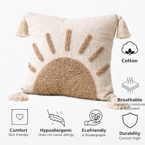 Image of Cushion Cover Pack of 2 (16x16 Inches) | Cotton Textured Decorative Throw Pillow Case for Sofa Bed Living Room Tufted Cushion Cover with Tassels (Brown & Off White)