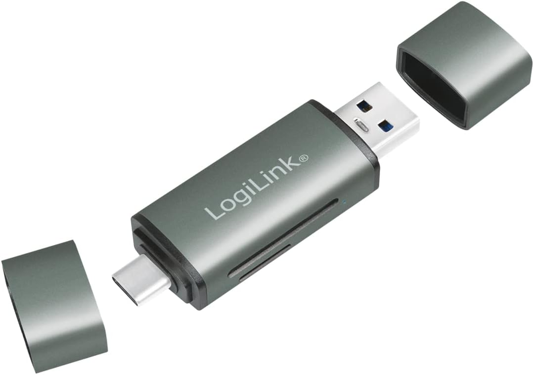 LogiLink CR0043 - USB 3.2 (Gen1) Card Reader for SD and microSD Cards in Aluminium Housing, for Memory Cards up to 2 TB, Connection via USB-A or USB-C