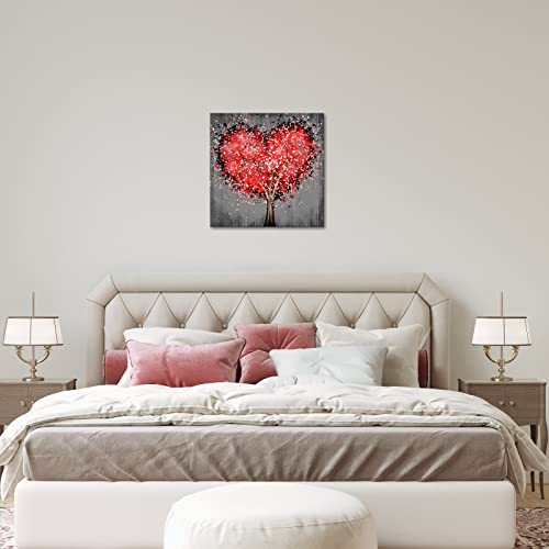 Artsbay Modern Abstract Tree Wall Art Red Love Heart Tree With Floral Flying On Rustic Grey Backdrop Painting Pictures Canvas Framed Modern Tree Of Life Home Decor For Living Room Bedroom 20X20Inches #TOP2