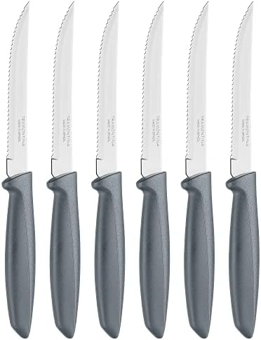Tramontina Kitchen Knives Set of 6, Serrated Fruit Tomato Cooking Knife, Vegetable Chopper Peeler, Stainless Steel, Multipurpose, Rounded Tip, Blue, 23498155