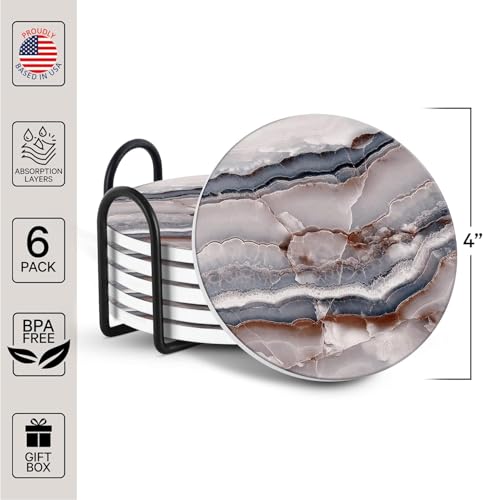 Image of Coasters for Drinks Absorbent - Natural Stone Drink Coasters Set with Holder, Coasters for Coffee Table, Wooden Tabletop Protection Marble Style - 100% Heavy Duty, Set of 6 (Onyx)