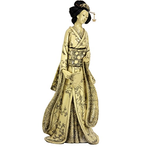 Oriental Furniture 14" Geisha Figurine W/ Plum Tree Kimono, Ivory #TOP1