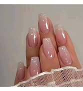 24Pcs Pink Press on Nails Medium Coffin Fake Nails Gradient False Nails with Glitter Designs Nude...
