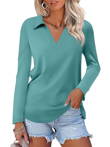 ORANDESIGNE Women's Long Sleeve Polo Shirts Casual Color Block V Neck Tops Fall Collar Ladies Tunics Tees