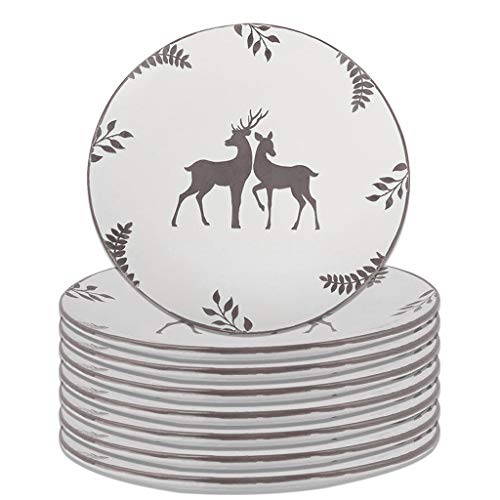 Christmas Dinner Plate Set of 8 - Hand Painted Grey & White Reindeer Stoneware Crockery Dinner Service Dishwasher & Microwave Safe