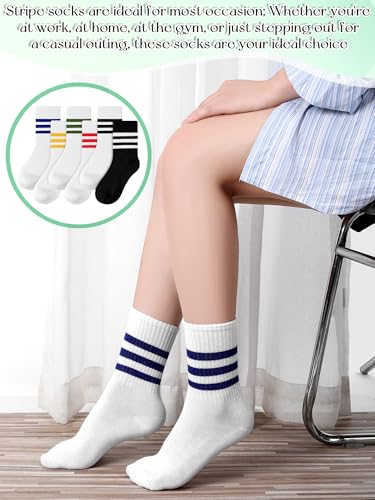 6 Pairs Striped Crew Socks for Women Casual Retro Cute Cotton Striped Tube Athletic Socks Solid Color for Sports Running4