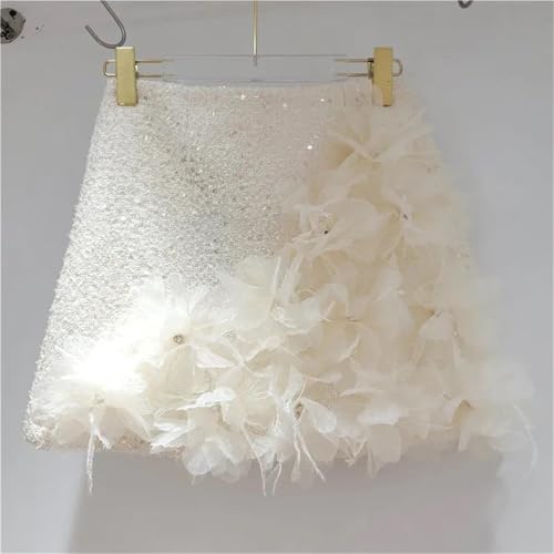 Women's High Waist Tweed A Line Mini Skirt Slim Fit Sequin Applique Decoration Elegant Korean Fashion Skirt2