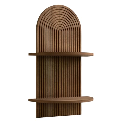 American Art Decor Dark Walnut Boho Arched Lunar Ledges Wall Shelf, Wooden 2-Tier Floating Bookshelf for Wall, Carved Fluted Arch Display Shelf for Bedroom Kitchen Living Room Decor, 14" x 24"