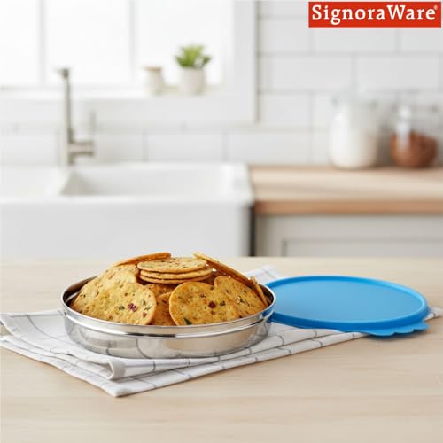 Image of SignoraWare Stainless Steel Small Khakra Box /Container | Airtight & Leakproof | Compact & Stylish Design for Kitchen & Travel Use | Ideal for Khakhra, Snacks & Dry Fruits (1.6 LTR | TBlue)