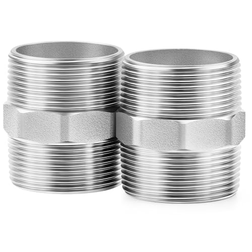 ChillWaves 304 Stainless Steel Pipe Fitting, Hex Nipple 2" NPT Male x 2" NPT Male Thread Adapter(2-PACK)