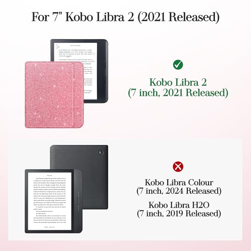 Vane Oak Magnetic Detachable Case for Kobo Libra 2 (2021), Slim PU Leather Case and Ultra Clear TPU Back Cover with Auto Wake/Sleep, Glitter Pink by Vane Oak - Used condition - Image 2
