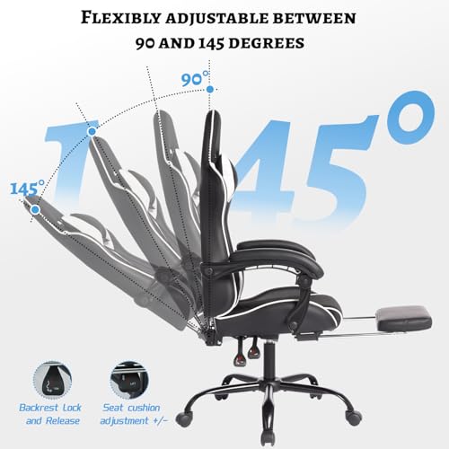 Image of Gaming Chair with Headrest and Lumbar Support, High Back Leather Computer Office Desk Chair with Footrest, 360 Swivel Height Adjustable Recliner Game Chair (Blue Black)
