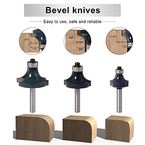 Mmdsg 3Pcs Round Over Router Bit Set, 1/4 Inch Shank Roman Ogee Milling Cutter, Tungsten Carbide Fillet Edge Forming Woodworking Tools With Bearing, Cutting Dia 3/8",3/4",1" #TOP1