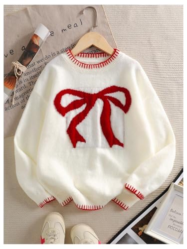 Image of BEAUDRM Girl's Bow Sweater Crew Neck Cute Sweaters Long Sleeve Knit Pullovers Sweater