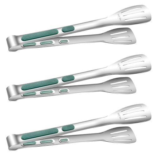Stainless Steel Kitchen Tong Set - Anti-Slip Heat-Resistant Grip, Widened 3-Line Slotted Heads for Easy Clamping (Steaks, BBQ, Pasta, Salads), Easy Clean for Versatile Use Set of 3-11", Green