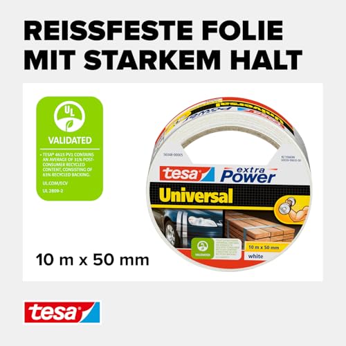 tesa extra Power Universal Gewebeband - Gewebeverstärktes Ductape zum Reparieren, Befestigen, Bündeln, Verstärken oder Abdichten - Weiß - 10 m x 50 mm