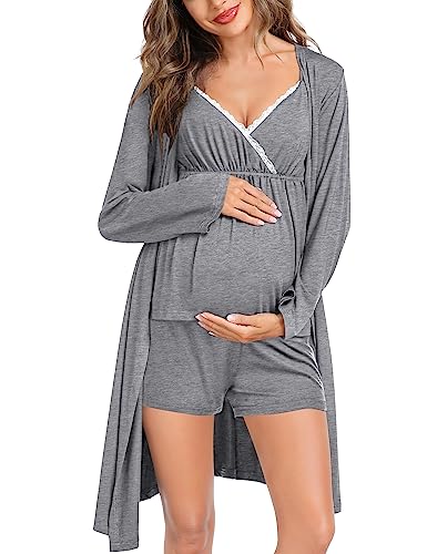 Image of SWOMOG Womens Maternity Robe Set 3 Piece Nursing Pajamas for Breastfeeding 3 in 1 Labor Delivery Hospital Pregnancy Pjs Grey