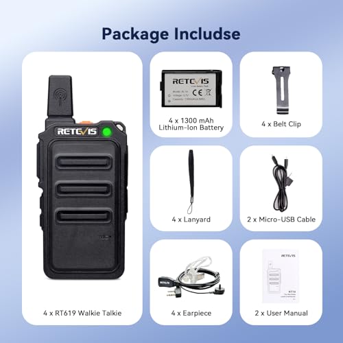 Miniatura 9 de Retevis Rt619 Walkie Talkie Profesional, Pmr446 Sin Licencia 16 Canales, Vox 50ctcss 210dcs, Walkie Recargable, Mini Walkie Talkie Con Auriculars Para Familia Regalo, Restaurantes Negro, 2 Par
