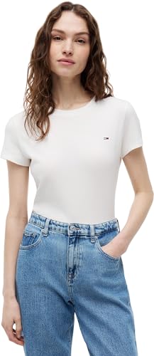 Tommy Jeans Damen T-Shirt Kurzarm Slim Rundhalsausschnitt, Weiß (Ecru), L