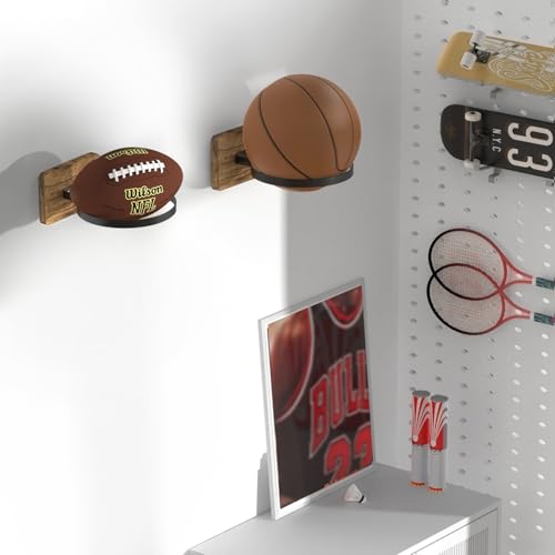 image for AIDILI 2 Pcs Wall Mount Basketball Holder with Wooden Base, Ball Stora
