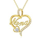 Mother's Day Gifts for Grandma Solid 14K Gold Grandma Nana Necklace Real Gold Love Heart Pendant Nec