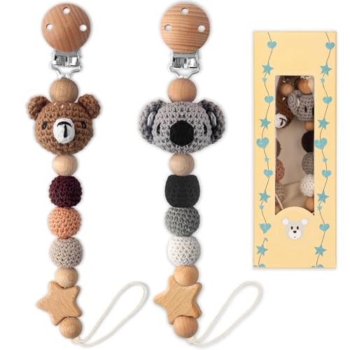 Image of LSTRAGY Pacifier Clip, 2 Pack Pacifier Clips for Boys and Girls, Cute Koala & Bear Handmade Knitted Pacifier Holder Fits for Most Pacifier, Baby Teethers, Baby Shower and Baby Gift