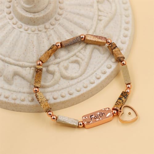 Image of Elastic Faith Bracelet for Women, Adjustable 7 inch Natural Stone Bracelet with Heart Mustard Seed Charm, Spiritual Christian Jewelry for Baptism, Graduation, Religious Celebration YA4856