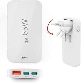 Hama Quick Charger USB-C 65W GaN 3 Ports, Mains Charger, 2X USB-C 65W, 1x USB-A 18W, Compact and Foldable PD Mini Charger,…